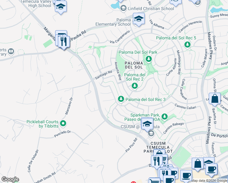 map of restaurants, bars, coffee shops, grocery stores, and more near 43440 Vía Barrozo in Temecula