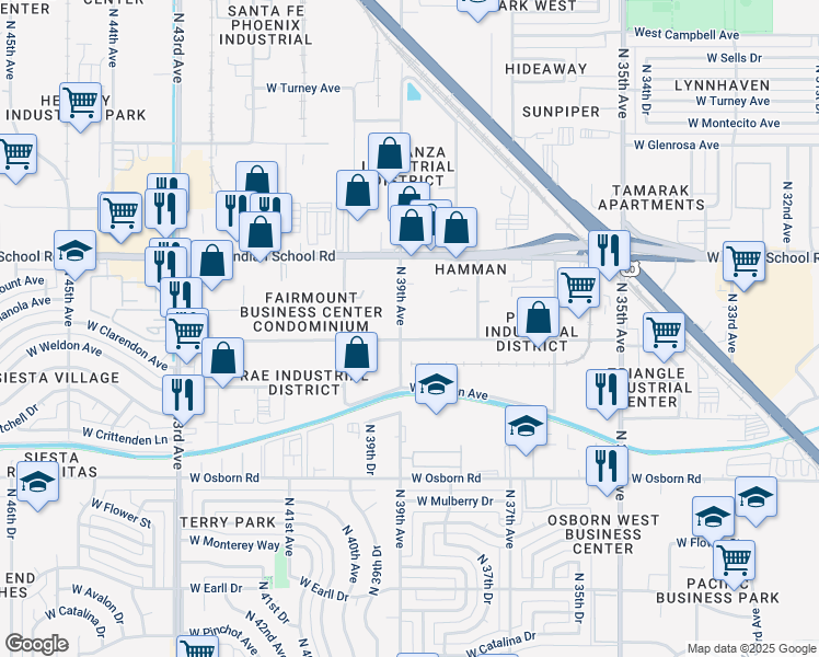map of restaurants, bars, coffee shops, grocery stores, and more near 3812 North 39th Avenue in Phoenix