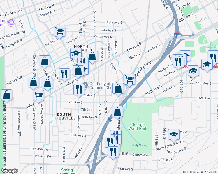 map of restaurants, bars, coffee shops, grocery stores, and more near 809 Delta Street South in Birmingham