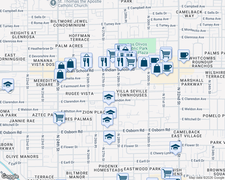 map of restaurants, bars, coffee shops, grocery stores, and more near 161 North 27th Street in Phoenix