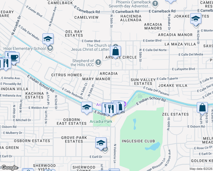 map of restaurants, bars, coffee shops, grocery stores, and more near 5510 East Calle Camelia in Phoenix