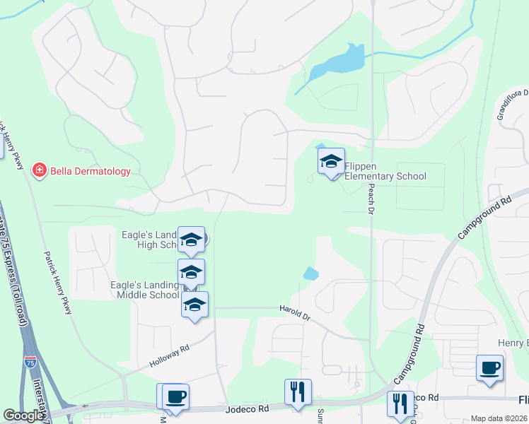 map of restaurants, bars, coffee shops, grocery stores, and more near 220 Langshire Drive in McDonough