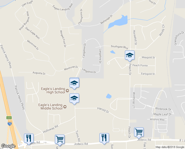 map of restaurants, bars, coffee shops, grocery stores, and more near 220 Langshire Drive in McDonough