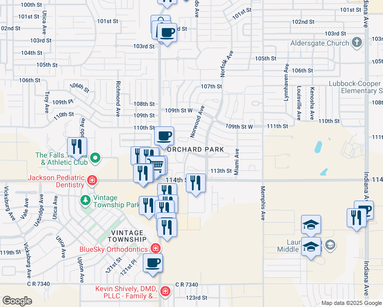 map of restaurants, bars, coffee shops, grocery stores, and more near 5503 112th Street in Lubbock