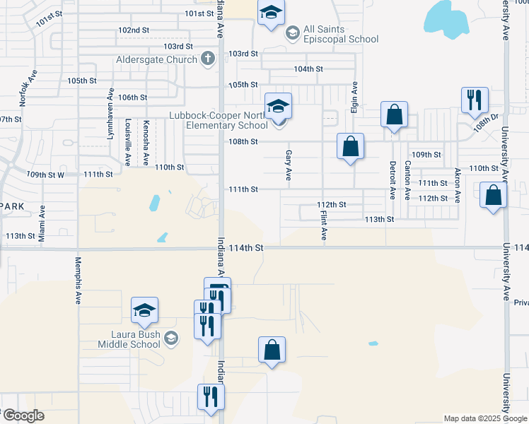 map of restaurants, bars, coffee shops, grocery stores, and more near 3215 113th Street in Lubbock