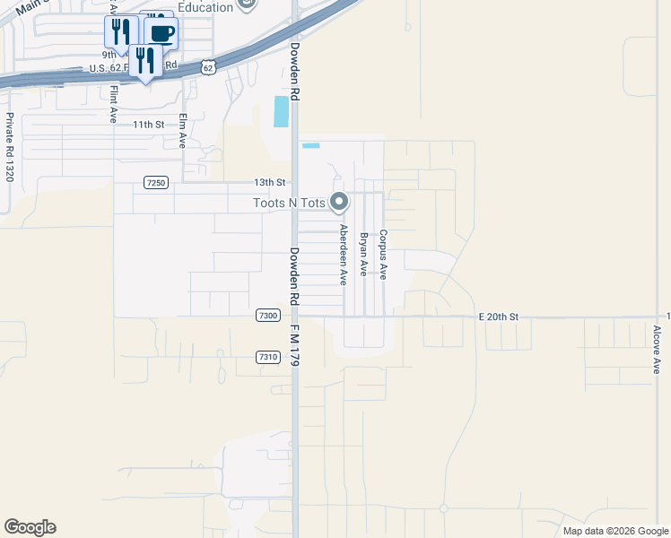 map of restaurants, bars, coffee shops, grocery stores, and more near 301-321 E 18th St in Wolfforth