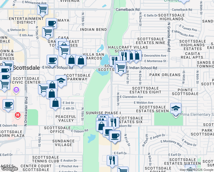 map of restaurants, bars, coffee shops, grocery stores, and more near 3825 North Hayden Road in Scottsdale