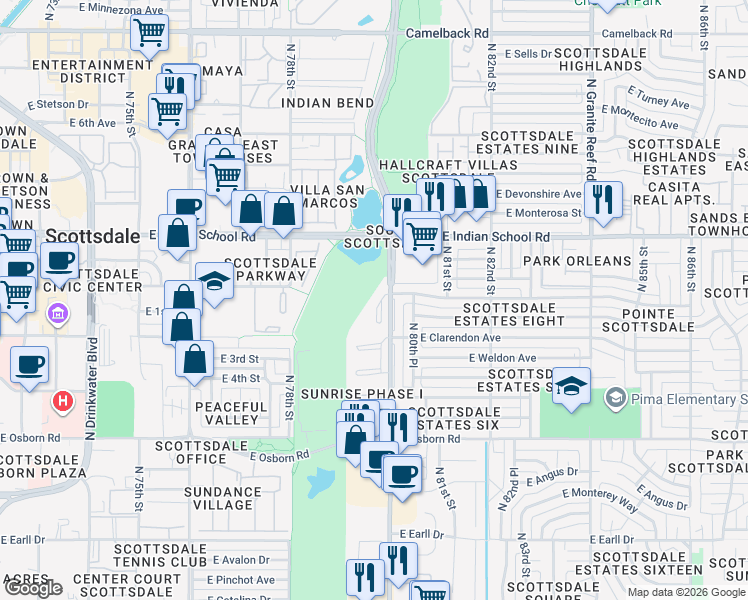 map of restaurants, bars, coffee shops, grocery stores, and more near 3825 North Hayden Road in Scottsdale