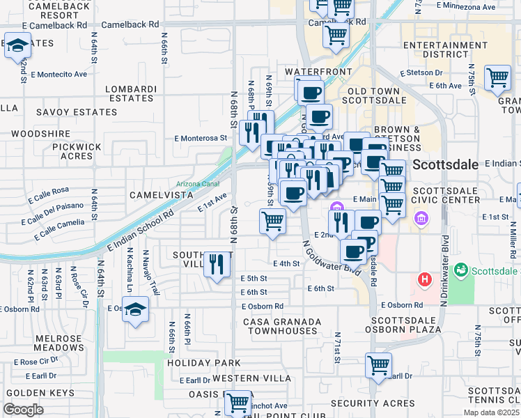 map of restaurants, bars, coffee shops, grocery stores, and more near 6883 East Main Street in Scottsdale