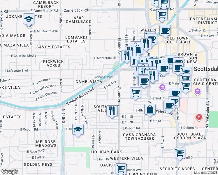 map of restaurants, bars, coffee shops, grocery stores, and more near 3810 North Pueblo Way in Scottsdale