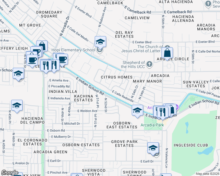 map of restaurants, bars, coffee shops, grocery stores, and more near 5307 East Calle Redonda in Phoenix