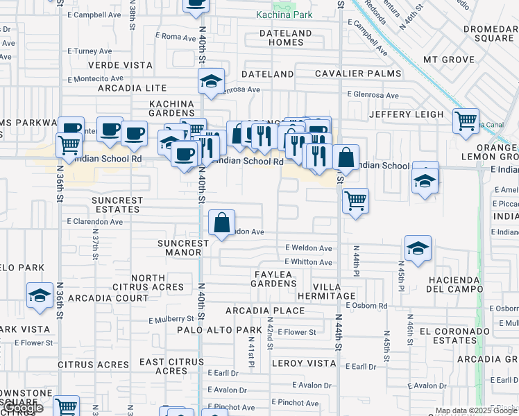 map of restaurants, bars, coffee shops, grocery stores, and more near 3813 North 41st Place in Phoenix