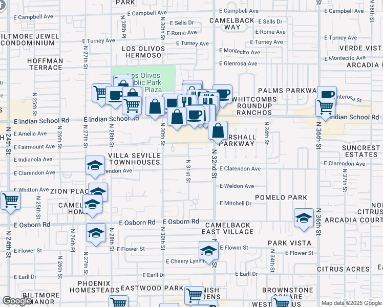 map of restaurants, bars, coffee shops, grocery stores, and more near 3807 North 30th Street in Phoenix