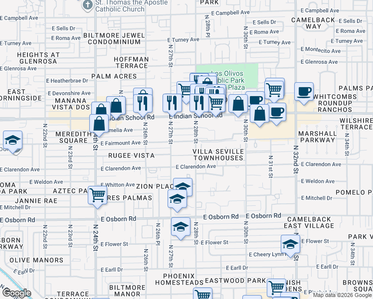 map of restaurants, bars, coffee shops, grocery stores, and more near 3802 North 28th Street in Phoenix