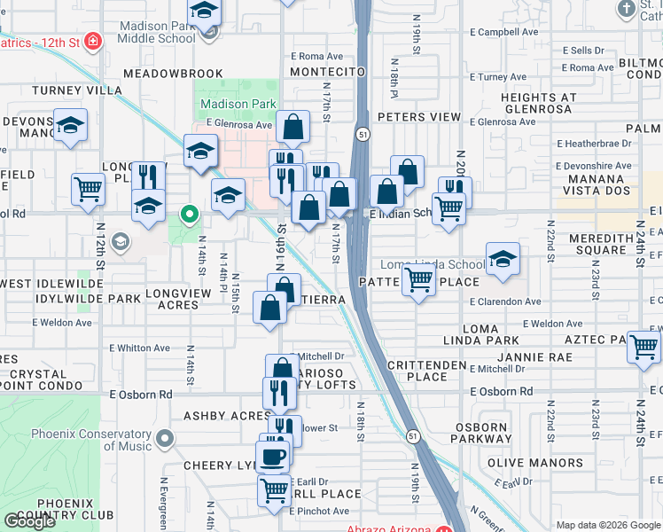 map of restaurants, bars, coffee shops, grocery stores, and more near 1695 East Indianola Avenue in Phoenix