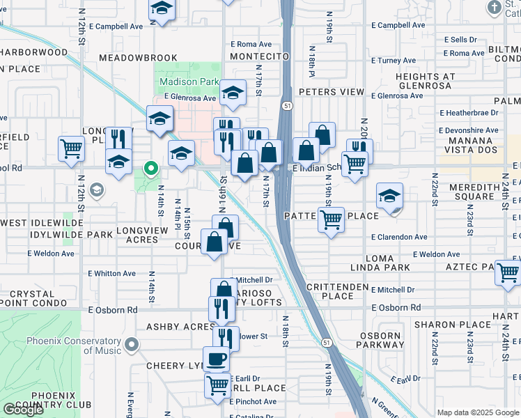 map of restaurants, bars, coffee shops, grocery stores, and more near 1695 East Indianola Avenue in Phoenix