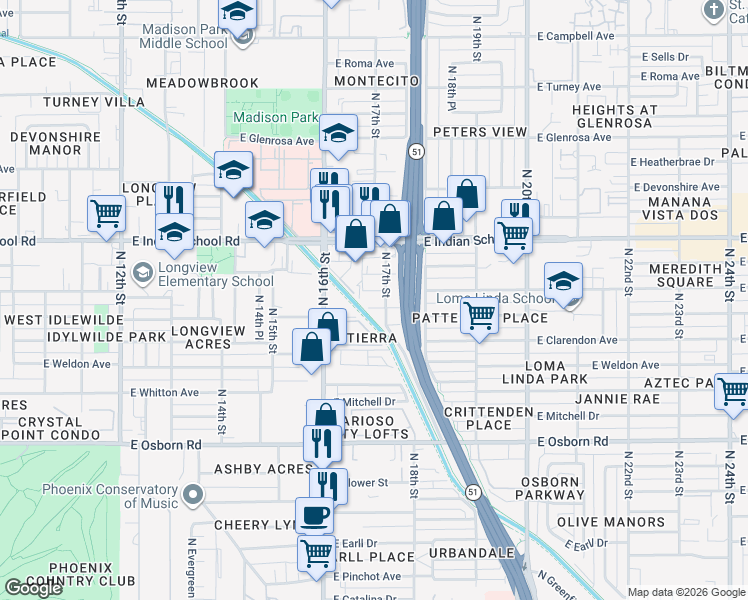 map of restaurants, bars, coffee shops, grocery stores, and more near 1695 East Indianola Avenue in Phoenix