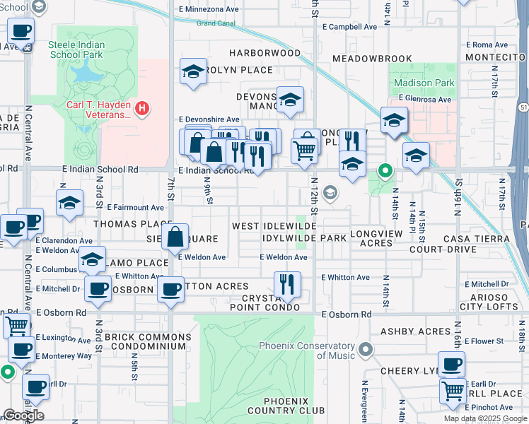 map of restaurants, bars, coffee shops, grocery stores, and more near 1048 East Indianola Avenue in Phoenix