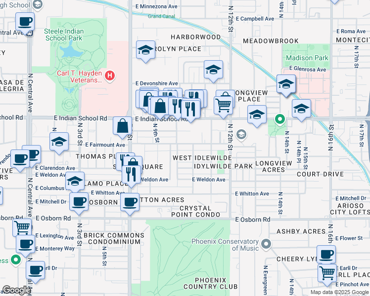 map of restaurants, bars, coffee shops, grocery stores, and more near 1014 East Indianola Avenue in Phoenix