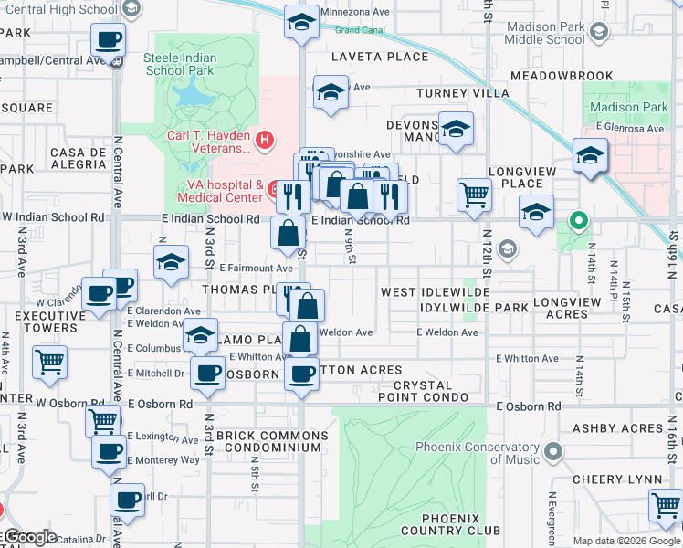 map of restaurants, bars, coffee shops, grocery stores, and more near 3823 North 8th Street in Phoenix