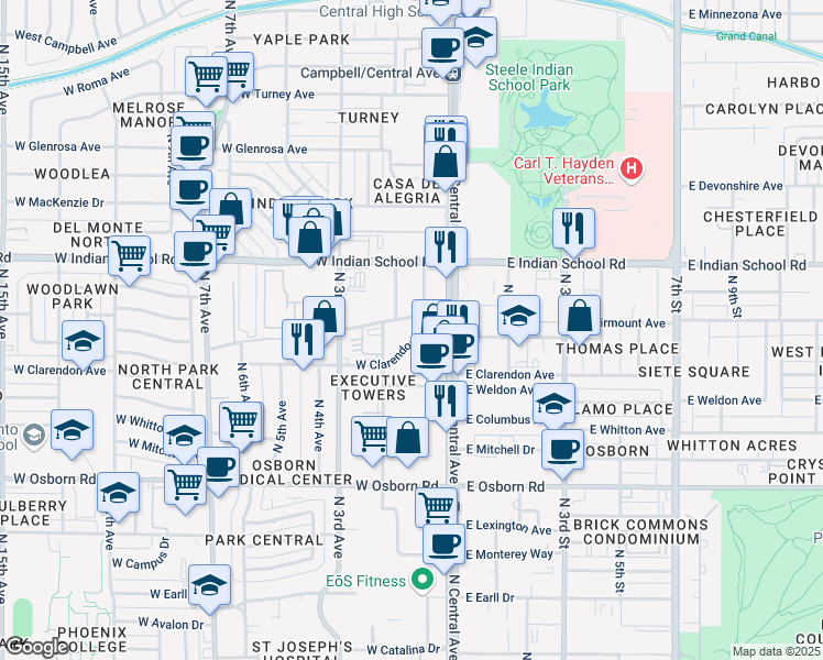 map of restaurants, bars, coffee shops, grocery stores, and more near 3 West Clarendon Avenue in Phoenix