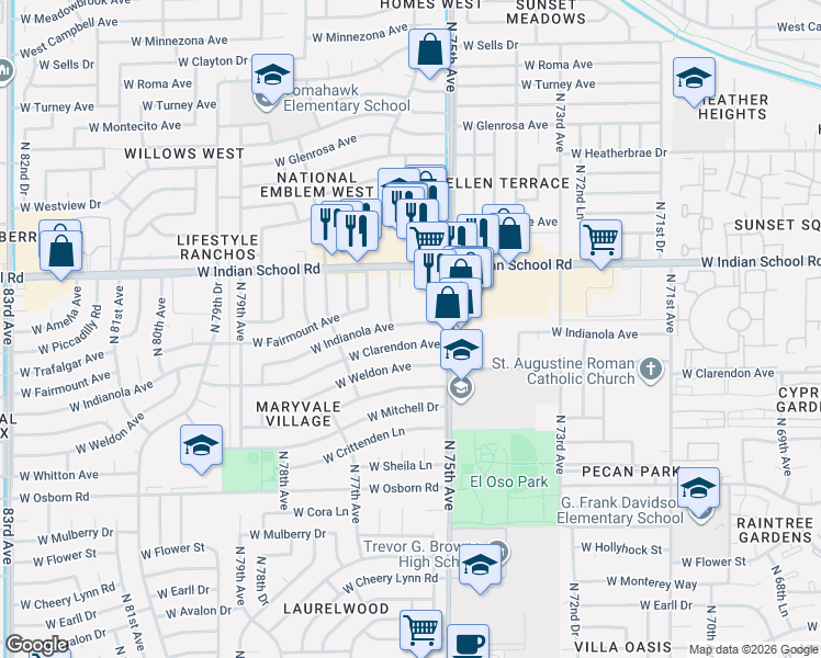 map of restaurants, bars, coffee shops, grocery stores, and more near 7539 West Clarendon Avenue in Phoenix