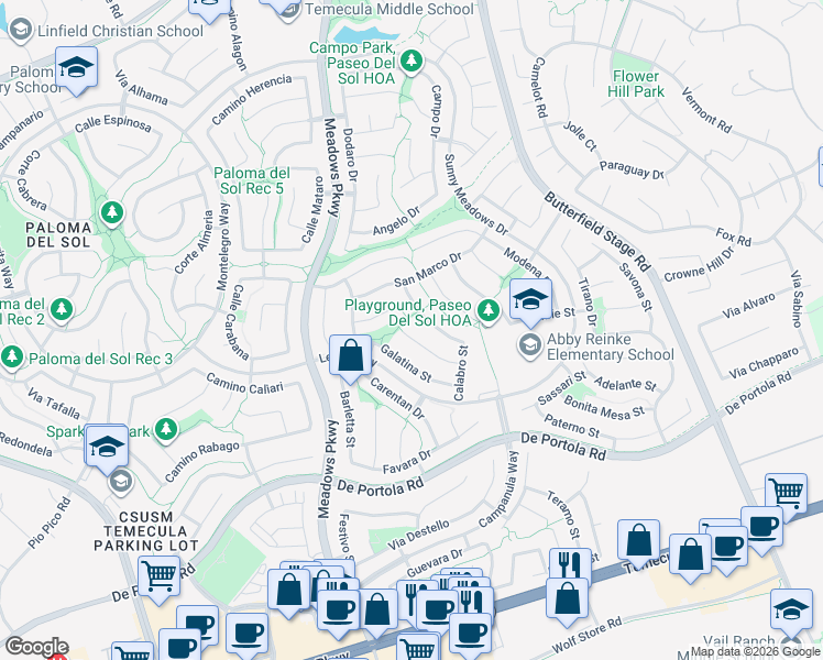 map of restaurants, bars, coffee shops, grocery stores, and more near 32496 Bergamo Court in Temecula