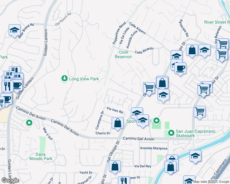 map of restaurants, bars, coffee shops, grocery stores, and more near 32421 Spyglass Court in San Juan Capistrano