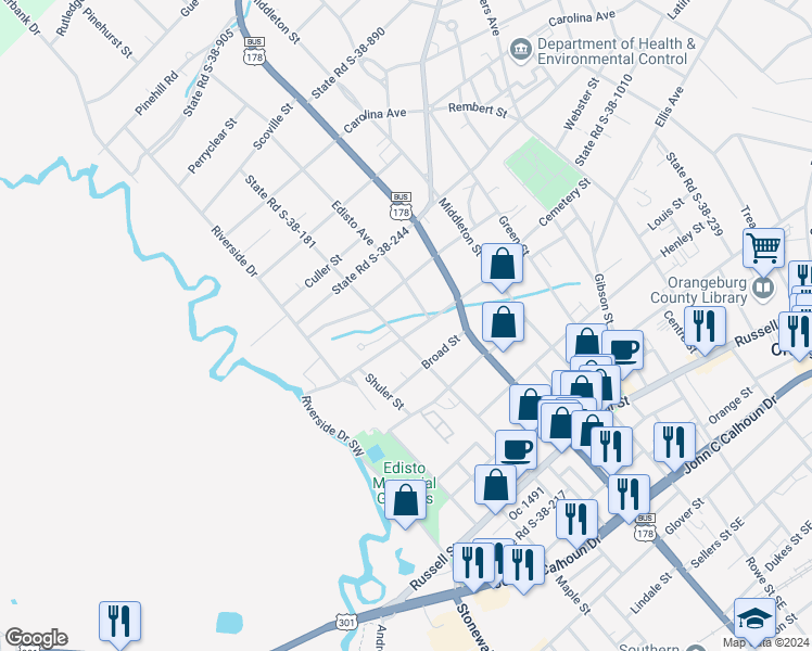 map of restaurants, bars, coffee shops, grocery stores, and more near 213 State Road S-38-1186 in Orangeburg