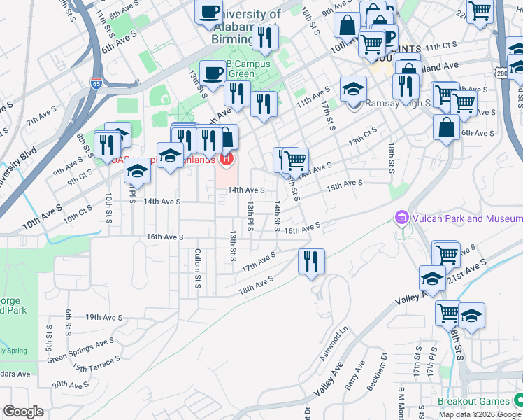 map of restaurants, bars, coffee shops, grocery stores, and more near 1510 14th Street South in Birmingham