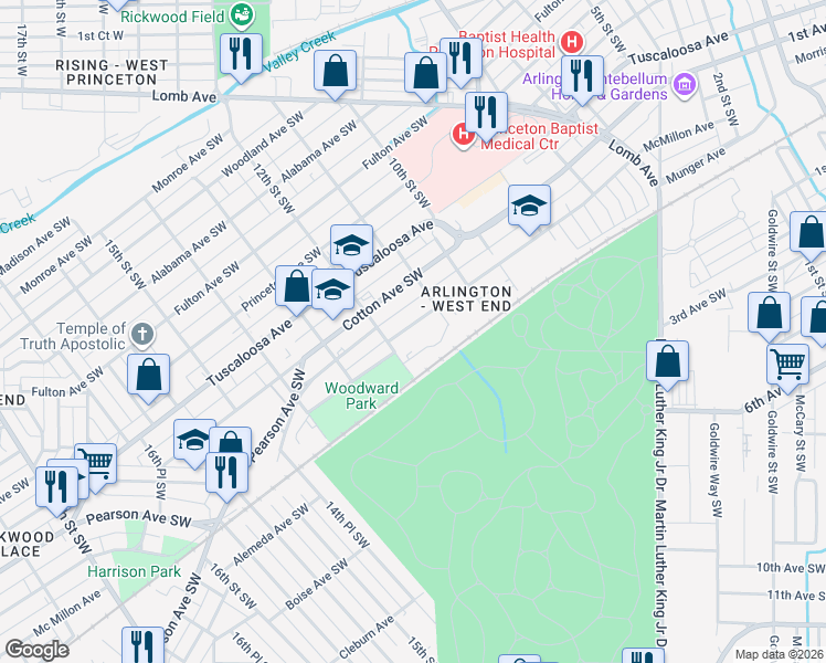 map of restaurants, bars, coffee shops, grocery stores, and more near 925 12th Street Southwest in Birmingham