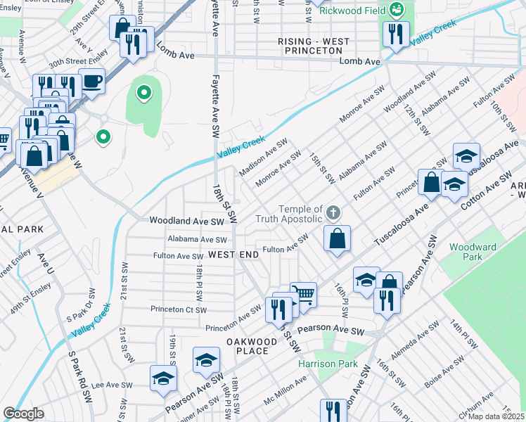 map of restaurants, bars, coffee shops, grocery stores, and more near 322 16th Place Southwest in Birmingham