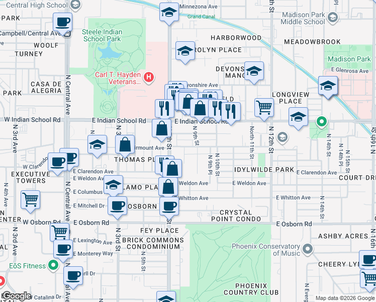 map of restaurants, bars, coffee shops, grocery stores, and more near 3823 North 8th Street in Phoenix