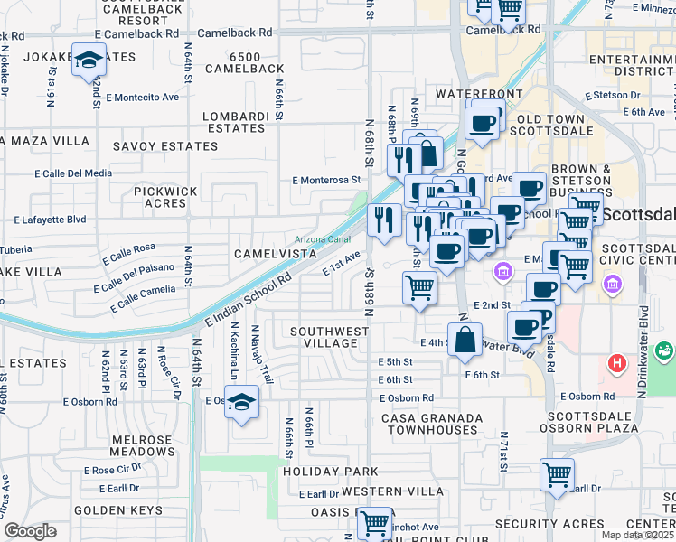 map of restaurants, bars, coffee shops, grocery stores, and more near 3810 North Pueblo Way in Scottsdale