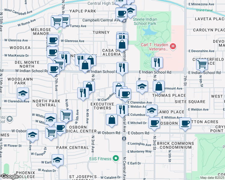 map of restaurants, bars, coffee shops, grocery stores, and more near 4000 North Central Avenue in Phoenix