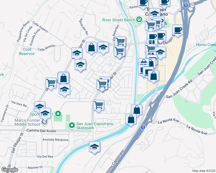 map of restaurants, bars, coffee shops, grocery stores, and more near 32302 Alipaz Street in San Juan Capistrano