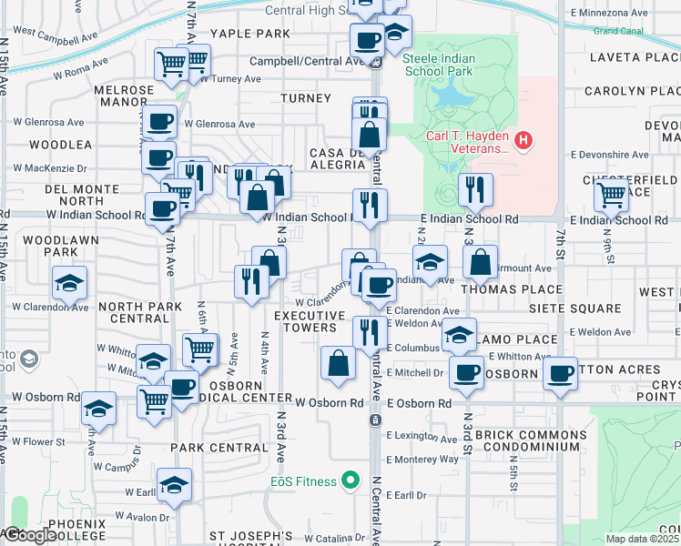 map of restaurants, bars, coffee shops, grocery stores, and more near 4000 North Central Avenue in Phoenix