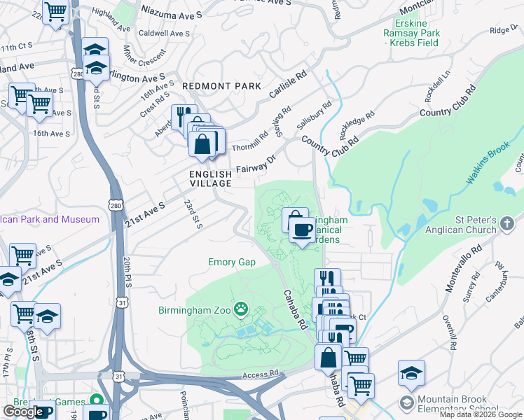 map of restaurants, bars, coffee shops, grocery stores, and more near Service Road in Birmingham