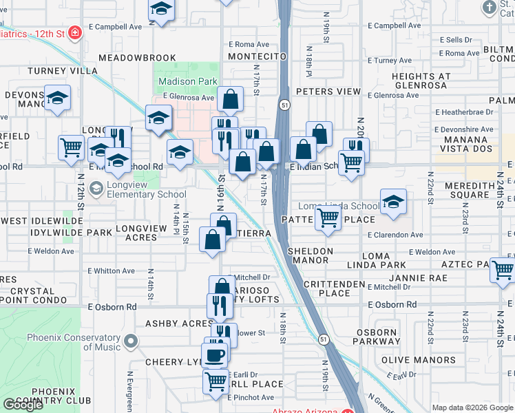 map of restaurants, bars, coffee shops, grocery stores, and more near 1695 East Indianola Avenue in Phoenix