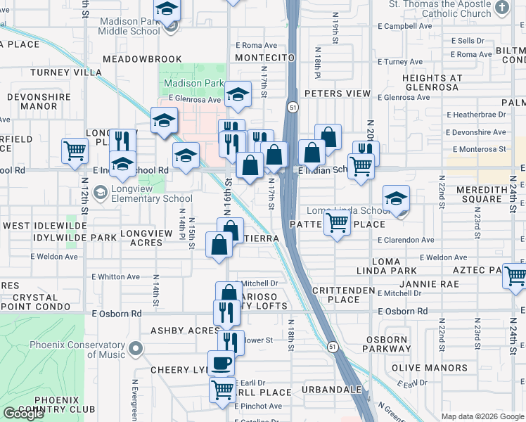 map of restaurants, bars, coffee shops, grocery stores, and more near 1695 East Indianola Avenue in Phoenix