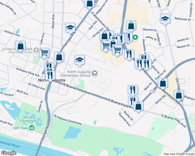 map of restaurants, bars, coffee shops, grocery stores, and more near 400 East Spring Grove Avenue in North Augusta