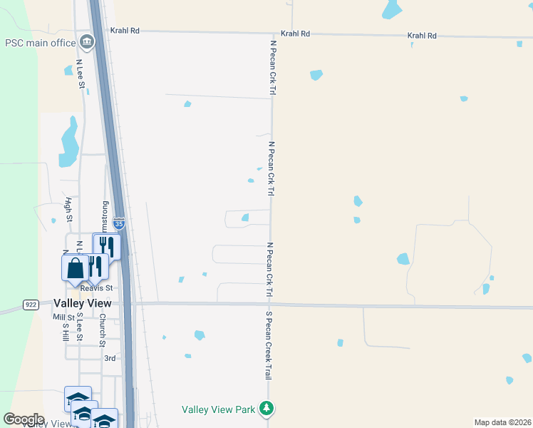 map of restaurants, bars, coffee shops, grocery stores, and more near 741 North Pecan Trail in Valley View