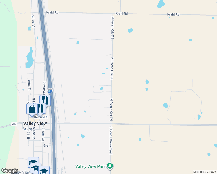 map of restaurants, bars, coffee shops, grocery stores, and more near 741 North Pecan Trail in Valley View