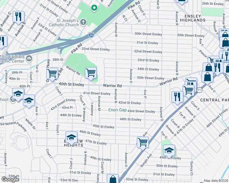 map of restaurants, bars, coffee shops, grocery stores, and more near 1405 41st Street Ensley in Birmingham