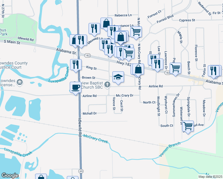 map of restaurants, bars, coffee shops, grocery stores, and more near 206 Airline Road in Columbus