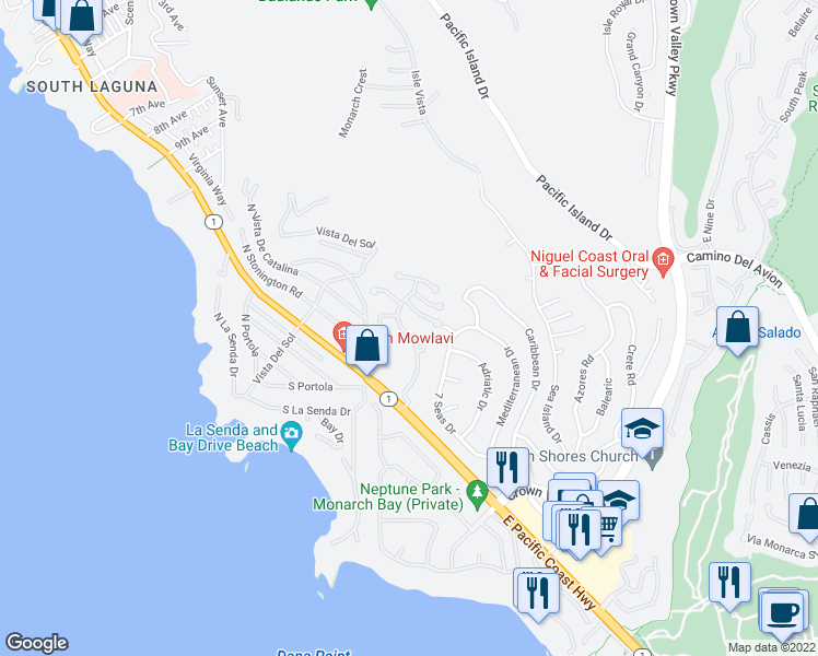 map of restaurants, bars, coffee shops, grocery stores, and more near 32382 Via Mentone in Dana Point