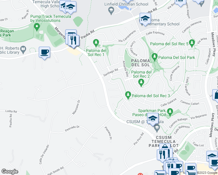 map of restaurants, bars, coffee shops, grocery stores, and more near 31690 Corte Cardenas in Temecula