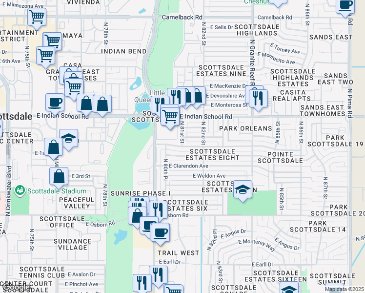 map of restaurants, bars, coffee shops, grocery stores, and more near North 81st Street in Scottsdale