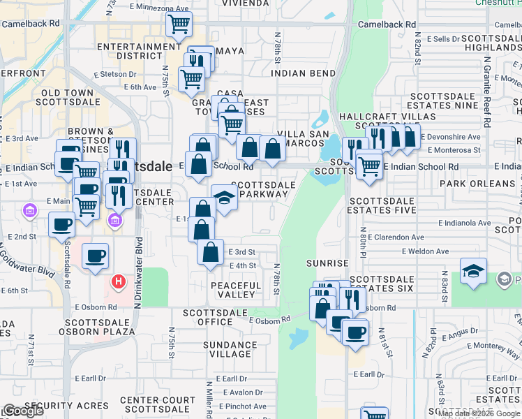 map of restaurants, bars, coffee shops, grocery stores, and more near 7777 East Main Street in Scottsdale
