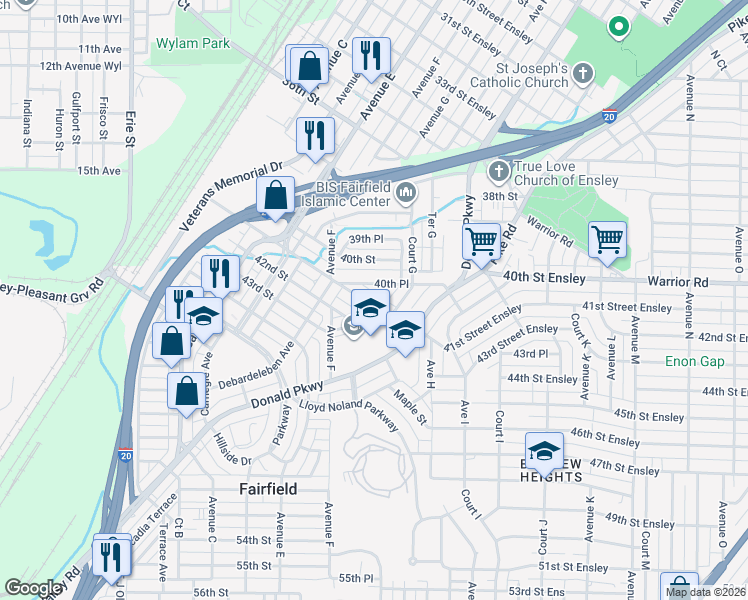 map of restaurants, bars, coffee shops, grocery stores, and more near 748 41st Street Ensley in Fairfield